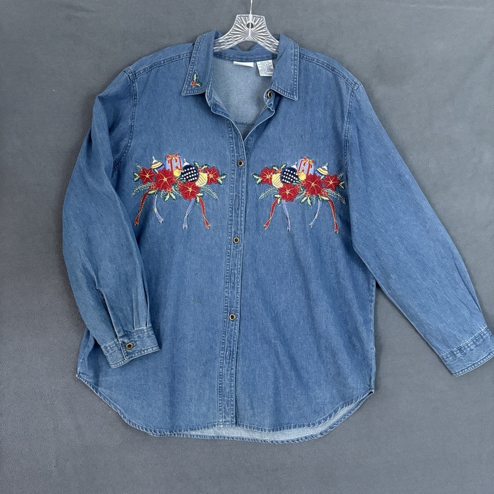Vintage Bobbie Brookes Embroidered Jean Shirt 14W 16W Christmas Holiday 90s Y2K